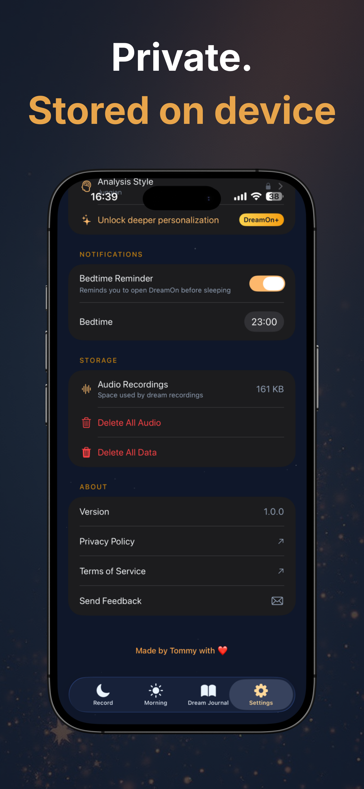 DreamTap Privacy Settings - All data stored on device