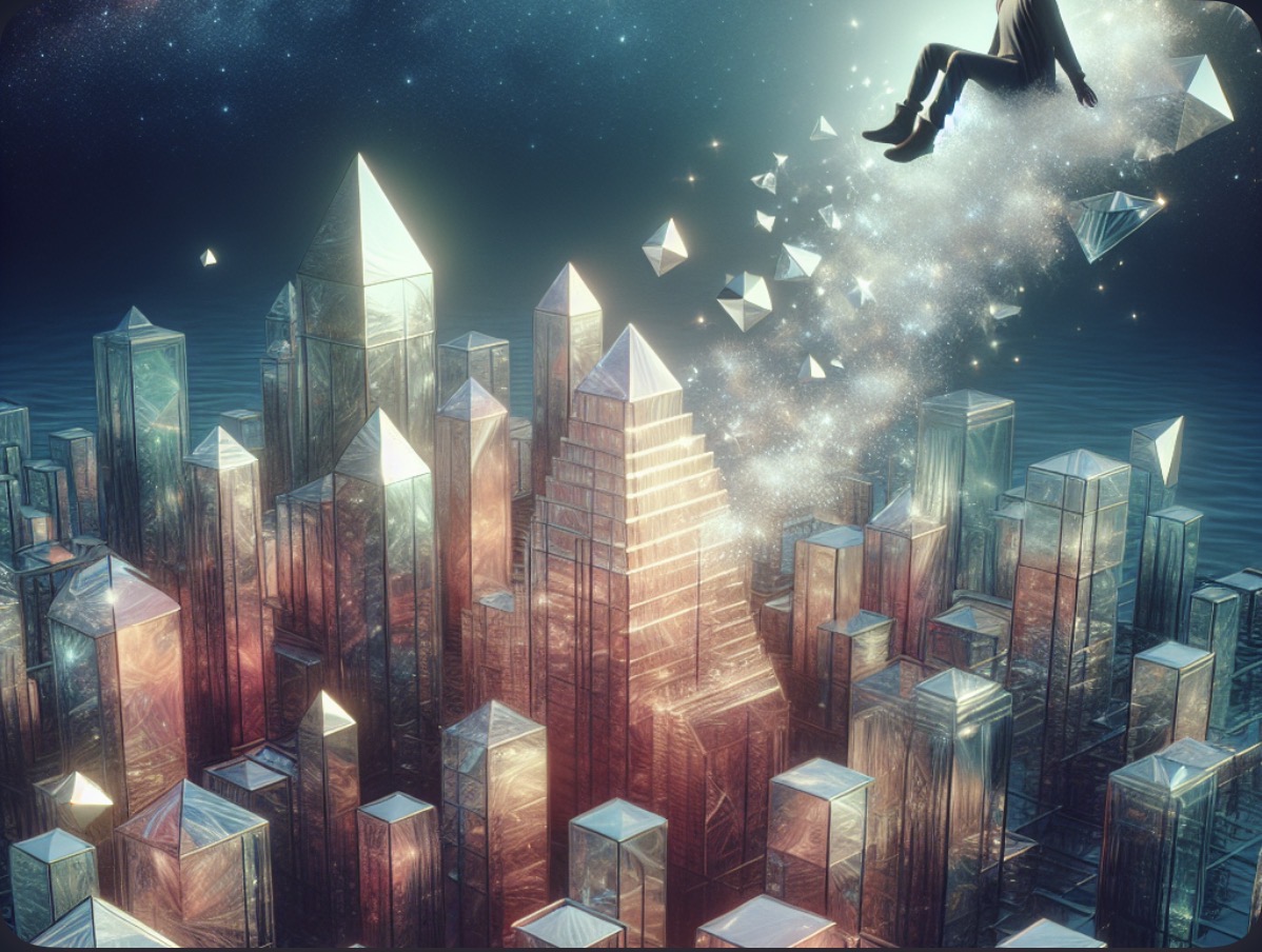 AI-generated dream art: A city made of glass floating in space